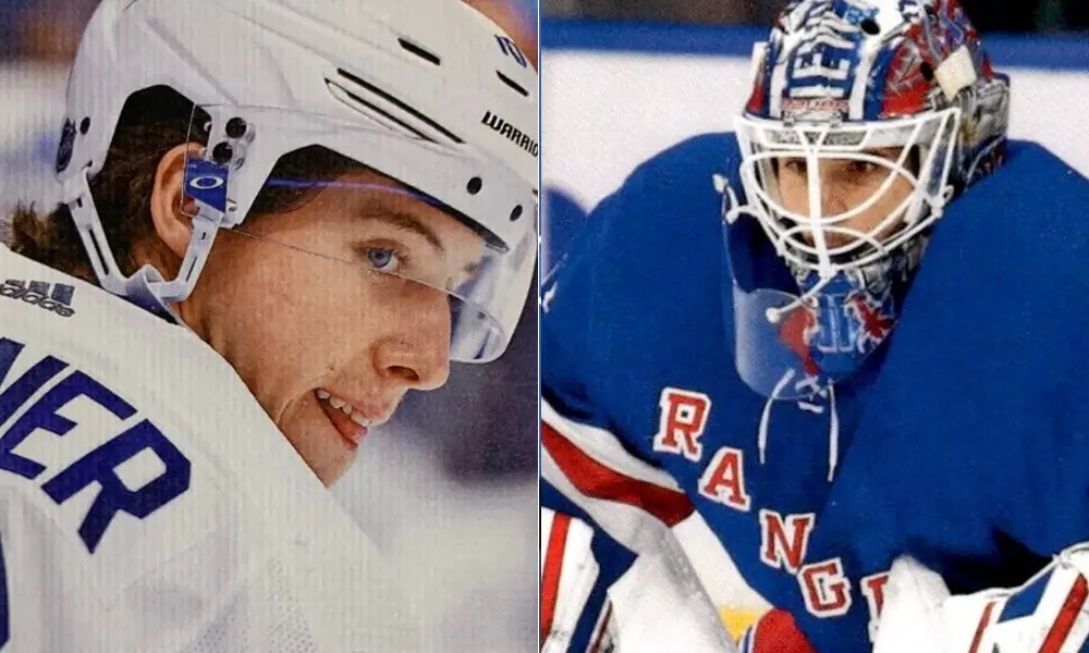Mitch Marner of the Maple Leafs and Igor Shesterkin of the Rangers