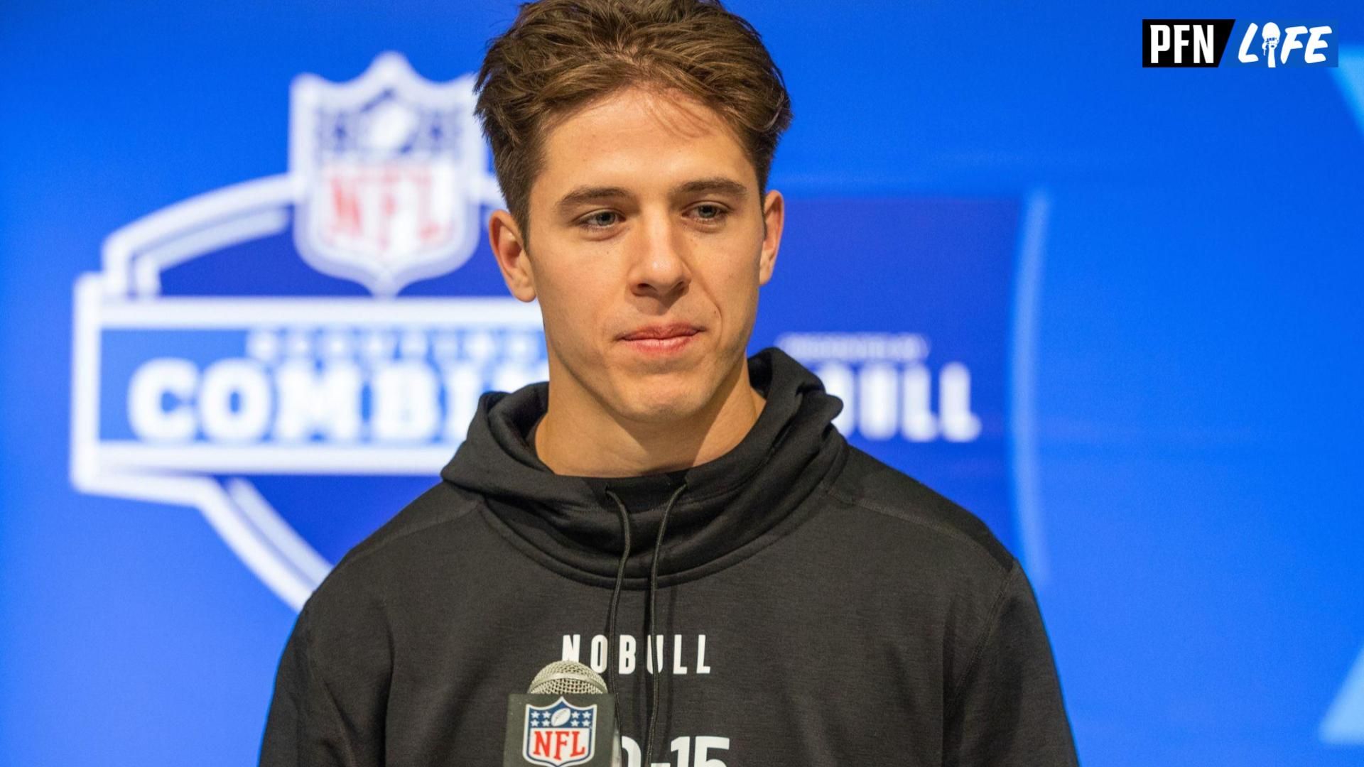Rice wide receiver Luke McCaffrey (WO15) talks to the media during the 2024 NFL Combine at Lucas Oil Stadium.