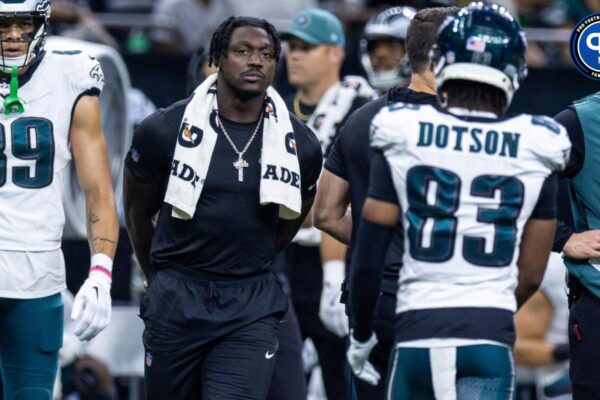 Philadelphia Eagles wide receiver A.J. Brown (11) in street clothes due to injury looks on against the New Orleans Saints during the first half at Caesars Superdome.