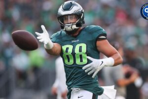 Aug 1, 2024; Philadelphia, PA, USA; Philadelphia Eagles tight end Dallas Goedert (88) catches the ball during a training camp practice at Lincoln Financial Field. Mandatory Credit: Bill Streicher-Imagn Images
