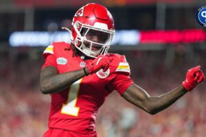 Kansas City Chiefs wide receiver Xavier Worthy (1) celebrates after scoring a touchdown during the second half against the Baltimore Ravens at GEHA Field at Arrowhead Stadium. Mandatory Credit: Jay Biggerstaff-Imagn Images