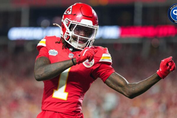 Kansas City Chiefs wide receiver Xavier Worthy (1) celebrates after scoring a touchdown during the second half against the Baltimore Ravens at GEHA Field at Arrowhead Stadium. Mandatory Credit: Jay Biggerstaff-Imagn Images
