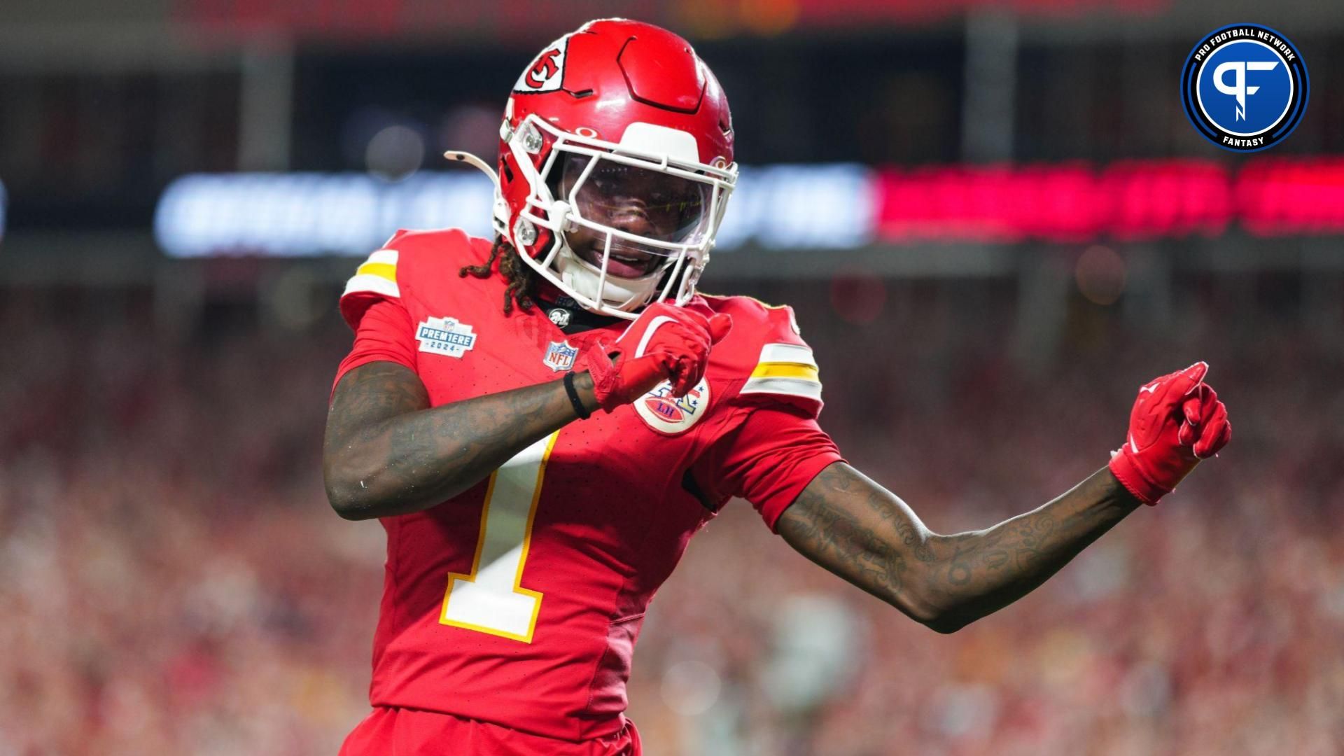 Kansas City Chiefs wide receiver Xavier Worthy (1) celebrates after scoring a touchdown during the second half against the Baltimore Ravens at GEHA Field at Arrowhead Stadium. Mandatory Credit: Jay Biggerstaff-Imagn Images