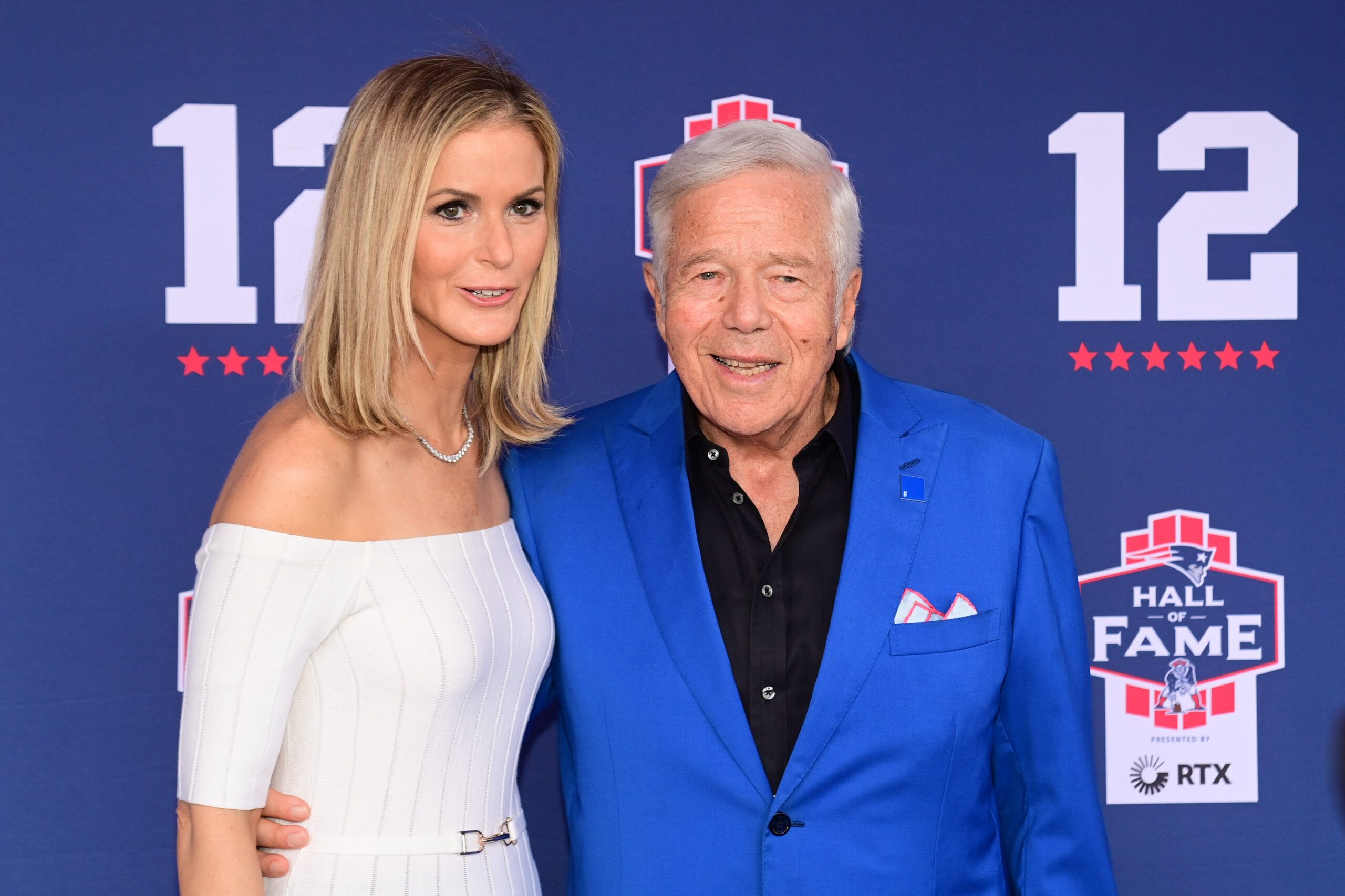 Jun 12, 2024; Foxborough, MA, USA; New England Patriots owner Robert Kraft poses with his wife Dana at the New England Patriots Hall of Fame induction ceremony for Tom Brady at Gillette Stadium. Mandatory Credit: Eric Canha-USA TODAY Sports