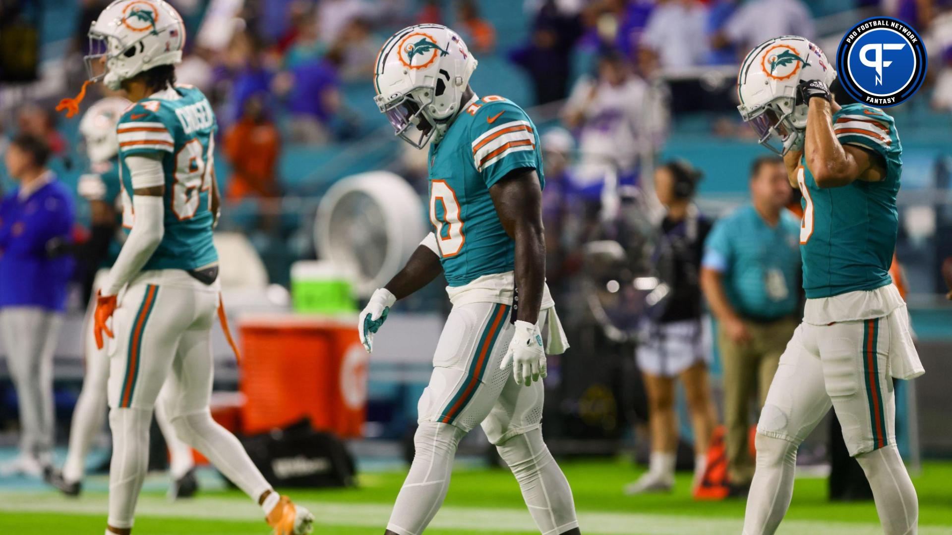 Sep 12, 2024; Miami Gardens, Florida, USA; Miami Dolphins wide receiver Tyreek Hill (10) walks on the field before the game against the Buffalo Bills at Hard Rock Stadium. Mandatory Credit: Sam Navarro-Imagn Images