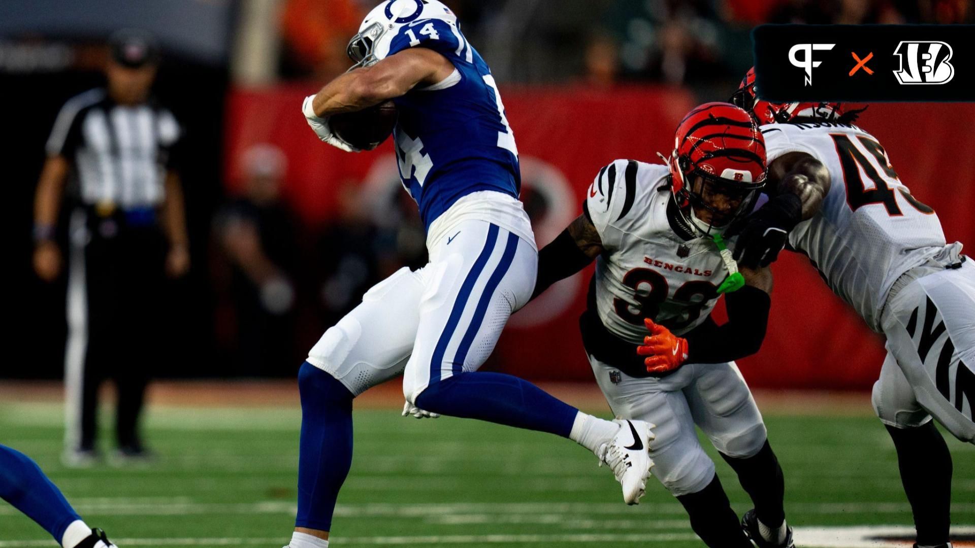 Cincinnati Bengals safety Daijahn Anthony (33) attempts to tackle Indianapolis Colts wide receiver Alec Pierce (14) in the first quarter between the Cincinnati Bengals and the Indianapolis Colts at Paycor Stadium in Cincinnati on Thursday, Aug. 22, 2024.