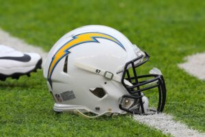Los Angeles Chargers Helmet on the field prior to the National Football League game between the New York Jets and the Los Angeles Chargers on December 24, 2017, at MetLife Stadium in East Rutherford, NJ.