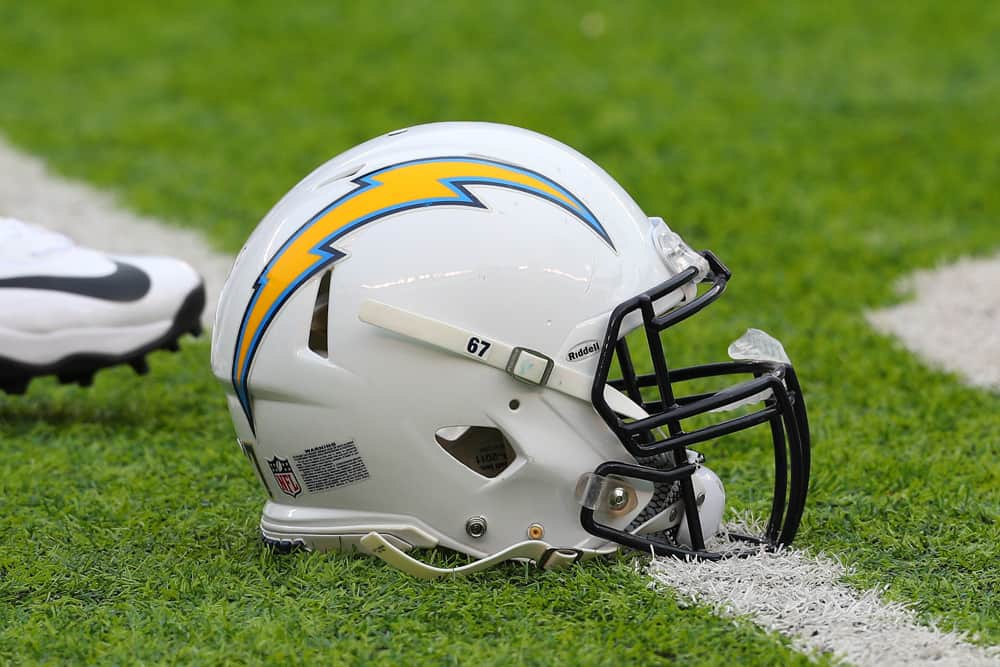 Los Angeles Chargers Helmet on the field prior to the National Football League game between the New York Jets and the Los Angeles Chargers on December 24, 2017, at MetLife Stadium in East Rutherford, NJ.