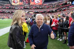 New England Patriots owner Robert Kraft gives a thumbs up before Super Bowl LVIII between the San Francisco 49ers and the Kansas City Chiefs at Allegiant Stadium.