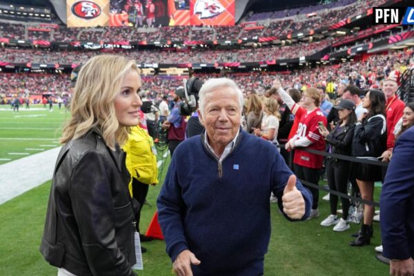 New England Patriots owner Robert Kraft gives a thumbs up before Super Bowl LVIII between the San Francisco 49ers and the Kansas City Chiefs at Allegiant Stadium.