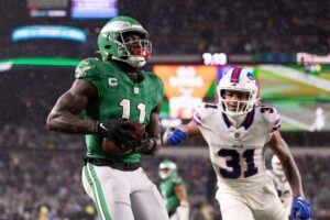 Philadelphia Eagles wide receiver A.J. Brown (11) makes a touchdown catch in front of Buffalo Bills cornerback Rasul Douglas (31) during the third quarter at Lincoln Financial Field. Mandatory Credit: Bill Streicher-USA TODAY Sports
