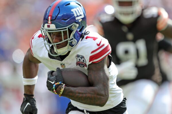 New York Giants wide receiver Malik Nabers (1) runs for yards after a catch during the first half of an NFL football game at Huntington Bank Field, Sunday, Sept. 22, 2024, in Cleveland, Ohio.