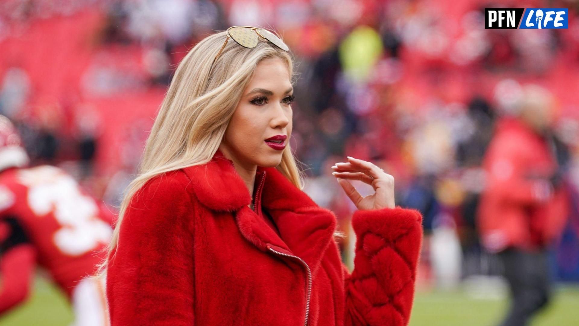 Gracie Hunt on field prior to a game between the Kansas City Chiefs and Las Vegas Raiders at GEHA Field at Arrowhead Stadium.