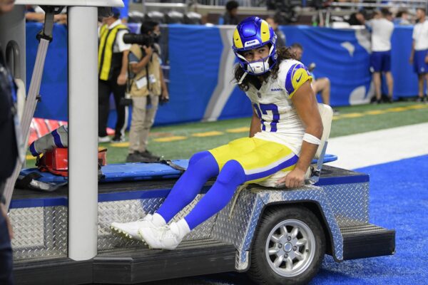 Los Angeles Rams wide receiver Puka Nacua (17) is carted off the field after being injured against the Detroit Lions in the first half at Ford Field. Mandatory Credit: Lon Horwedel-Imagn Images