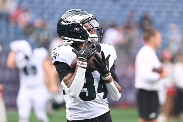 Aug 15, 2024; Foxborough, MA, USA; Philadelphia Eagles cornerback Isaiah Rodgers (34) warms up before a game against the New England Patriots at Gillette Stadium. Mandatory Credit: Eric Canha-USA TODAY Sports
