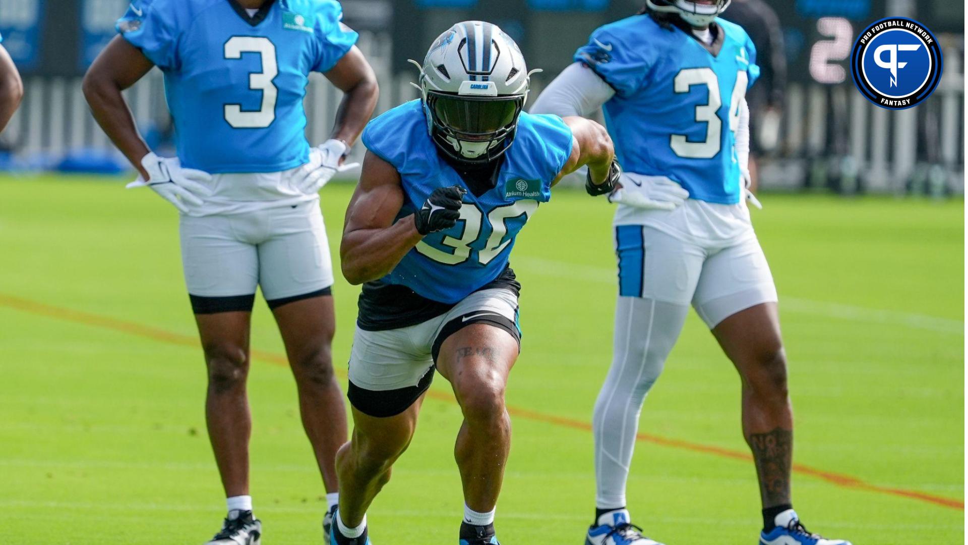 Jul 24, 2024; Charlotte, NC, USA; Carolina Panthers running back Chuba Hubbard (30) runs a pass route at Carolina Panthers Practice Fields. Mandatory Credit: Jim Dedmon-USA TODAY Sports