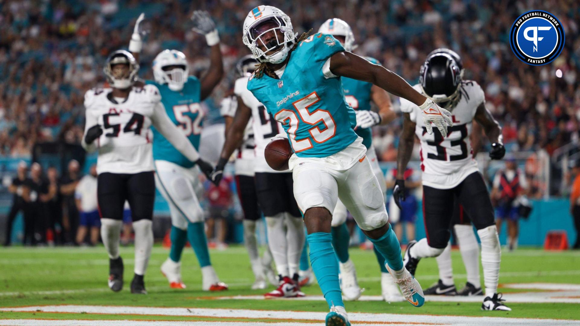 Miami Dolphins running back Jaylen Wright (25) celebrates after scoring a touchdown against the Atlanta Falcons in the second quarter during preseason at Hard Rock Stadium.