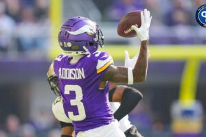 Minnesota Vikings wide receiver Jordan Addison (3) catches a pass against the New Orleans Saints in the first quarter at U.S. Bank Stadium. Mandatory Credit: Brad Rempel-Imagn Images