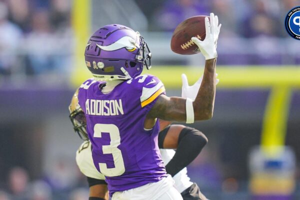 Minnesota Vikings wide receiver Jordan Addison (3) catches a pass against the New Orleans Saints in the first quarter at U.S. Bank Stadium. Mandatory Credit: Brad Rempel-Imagn Images
