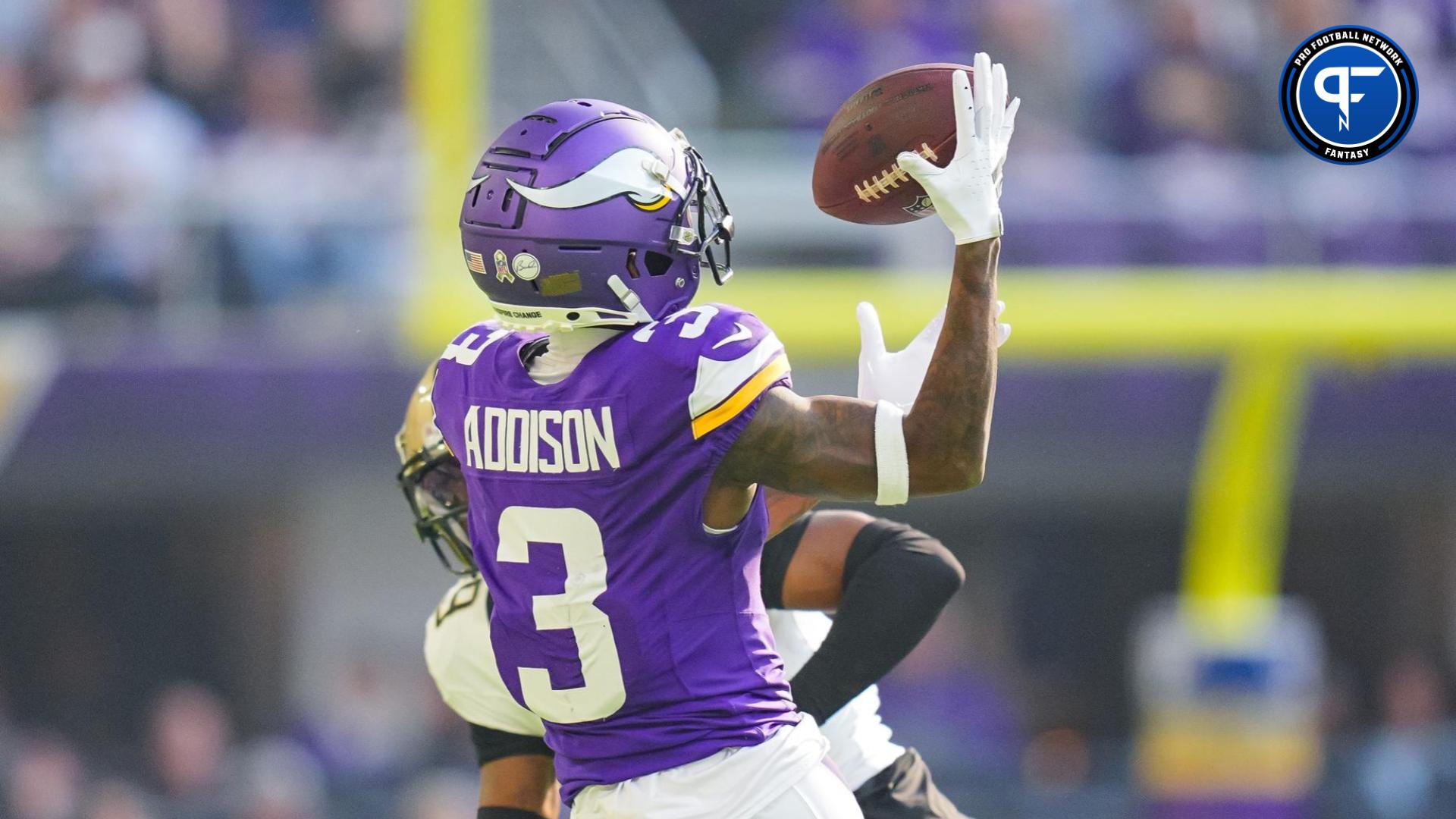 Minnesota Vikings wide receiver Jordan Addison (3) catches a pass against the New Orleans Saints in the first quarter at U.S. Bank Stadium. Mandatory Credit: Brad Rempel-Imagn Images
