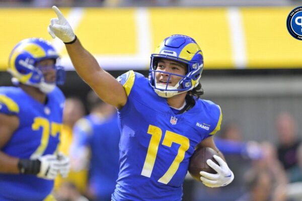 Los Angeles Rams wide receiver Puka Nacua (17) celebrates after scoring a touchdown in the first half against the Philadelphia Eagles at SoFi Stadium.
