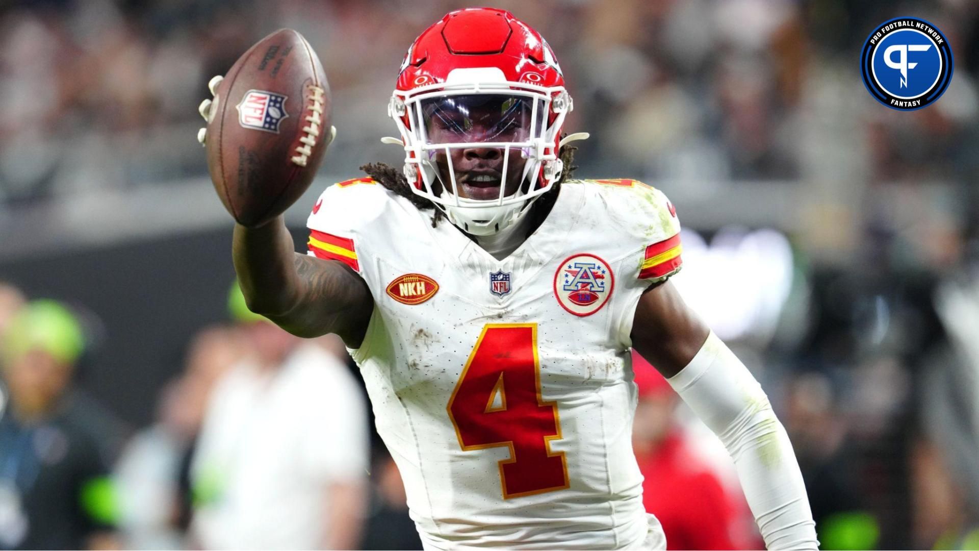 Kansas City Chiefs wide receiver Rashee Rice (4) celebrates after scoring a touchdown against the Las Vegas Raiders during the fourth quarter at Allegiant Stadium. Mandatory Credit: Stephen R. Sylvanie-USA TODAY Sports