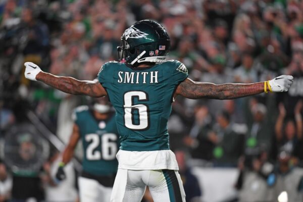 Sep 16, 2024; Philadelphia, Pennsylvania, USA; Philadelphia Eagles wide receiver DeVonta Smith (6) celebrates his touchdown catch during the second quarter against the Atlanta Falcons at Lincoln Financial Field. Mandatory Credit: Eric Hartline-Imagn Images