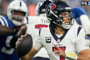 Houston Texans quarterback C.J. Stroud (7) draws back to pass Saturday, Jan. 6, 2024, during a game against the Houston Texans at Lucas Oil Stadium in Indianapolis.