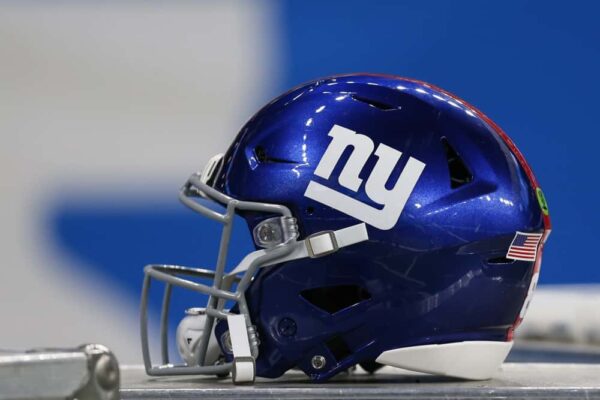 A New York Giants football helmet is seen on the sideline during a regular season game between the New York Giants and the Detroit Lions on October 27, 2019 at Ford Field in Detroit, Michigan.