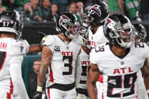 Atlanta Falcons safety Jessie Bates III (3) celebrates his interception on the Philadelphia Eagles last drive of the game during the fourth quarter at Lincoln Financial Field. Mandatory Credit: Eric Hartline-Imagn Images