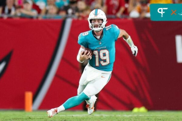 Previewing and Predicting the Miami Dolphins vs. Seattle Seahawks Matchup: 7 Crucial Stats That May Determine the Outcome Miami Dolphins quarterback Skylar Thompson (19) runs with the ball against the Tampa Bay Buccaneers in the fourth quarter during preseason at Raymond James Stadium.