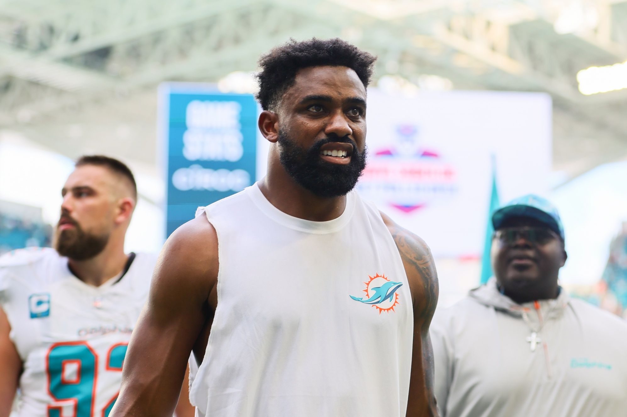 Sep 8, 2024; Miami Gardens, Florida, USA; Miami Dolphins running back Raheem Mostert (31) looks on after the game against the Jacksonville Jaguars at Hard Rock Stadium. Mandatory Credit: Sam Navarro-Imagn Images