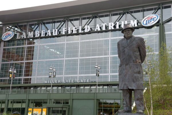 General view of statue of Green Bay Packers former coach Vince Lombardi before the game against the Oakland Raiders at Lambeau Field.
