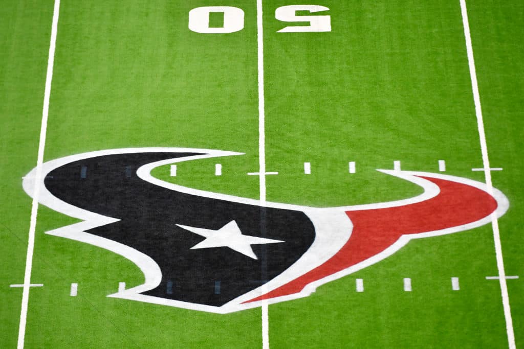 A detail view of the Houston Texans logo prior to the game between the Houston Texans and the Green Bay Packers at NRG Stadium on October 25, 2020 in Houston, Texas.