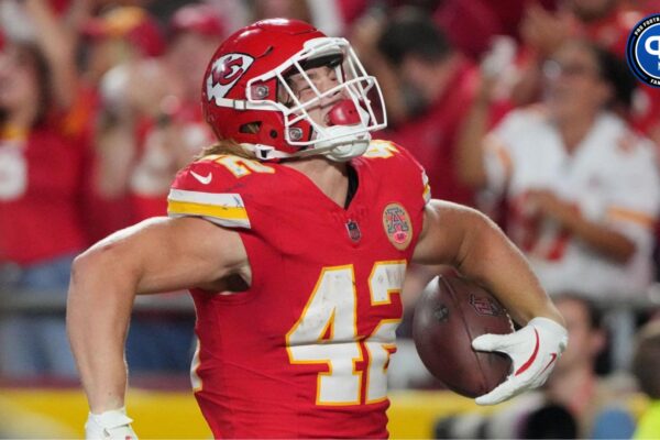 Aug 22, 2024; Kansas City, Missouri, USA; Kansas City Chiefs running back Carson Steele (42) celebrates after scoring against the Chicago Bears during the first half at GEHA Field at Arrowhead Stadium. Mandatory Credit: Denny Medley-Imagn Images