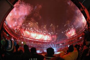 Fireworks go off at the end of the Super Bowl XLVIII halftime show at MetLife Stadium