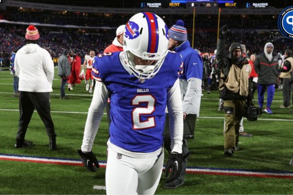 Buffalo Bills place kicker Tyler Bass (2) walks off the field after missing what would have been a game tying field goal in a 27-24 loss to the Chiefs in the divisional round. Where does he land among our kicker streamers and rankings?