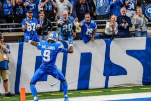 Detroit Lions wide receiver Jameson Williams (9) celebrates a touchdown in the second half of the Detroit Lions season opener against the Los Angeles Rams at Ford Field in Detroit, on Sunday, Sept. 8. 2024. © Kimberly P. Mitchell / USA TODAY NETWORK