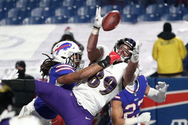 Bills linebacker Tremaine Edmunds breaks up a pass in the end zone intended for Ravens Mark Andrews.