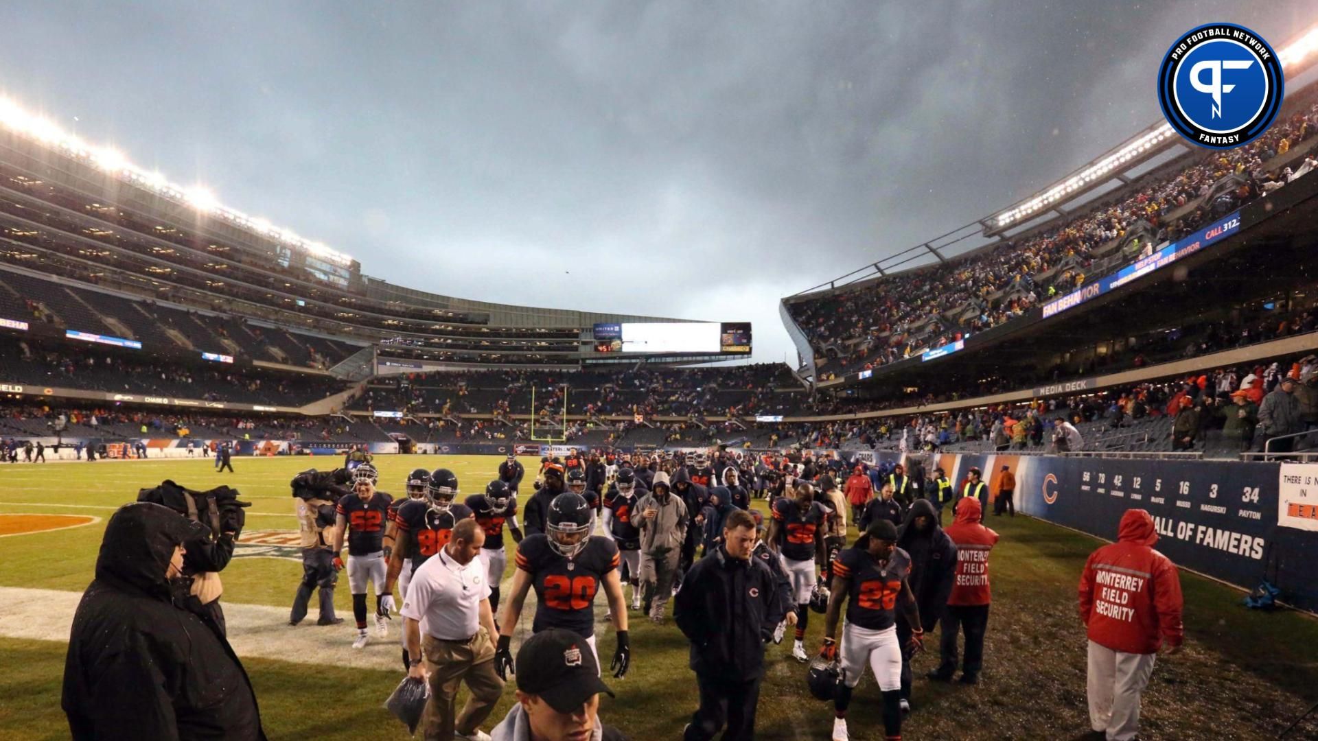 Nov 17, 2013; Chicago, IL, USA; A general view of the Chicago Bears being evacuated during severe weather in the first quarter of a game against the Baltimore Ravens at Soldier Field. Mandatory Credit: Dennis Wierzbicki-Imagn Images