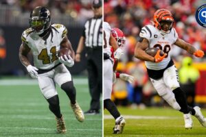 (Left) Nov 26, 2023; Atlanta, Georgia, USA; New Orleans Saints running back Alvin Kamara (41) runs the ball against the Atlanta Falcons in the first quarter at Mercedes-Benz Stadium. Mandatory Credit: Brett Davis-Imagn Images (Right) Dec 31, 2023; Kansas City, Missouri, USA; Cincinnati Bengals running back Joe Mixon (28) runs the ball against the Kansas City Chiefs during the first half at GEHA Field at Arrowhead Stadium. Mandatory Credit: Jay Biggerstaff-Imagn Images