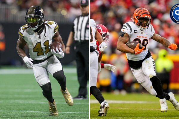 (Left) Nov 26, 2023; Atlanta, Georgia, USA; New Orleans Saints running back Alvin Kamara (41) runs the ball against the Atlanta Falcons in the first quarter at Mercedes-Benz Stadium. Mandatory Credit: Brett Davis-Imagn Images (Right) Dec 31, 2023; Kansas City, Missouri, USA; Cincinnati Bengals running back Joe Mixon (28) runs the ball against the Kansas City Chiefs during the first half at GEHA Field at Arrowhead Stadium. Mandatory Credit: Jay Biggerstaff-Imagn Images