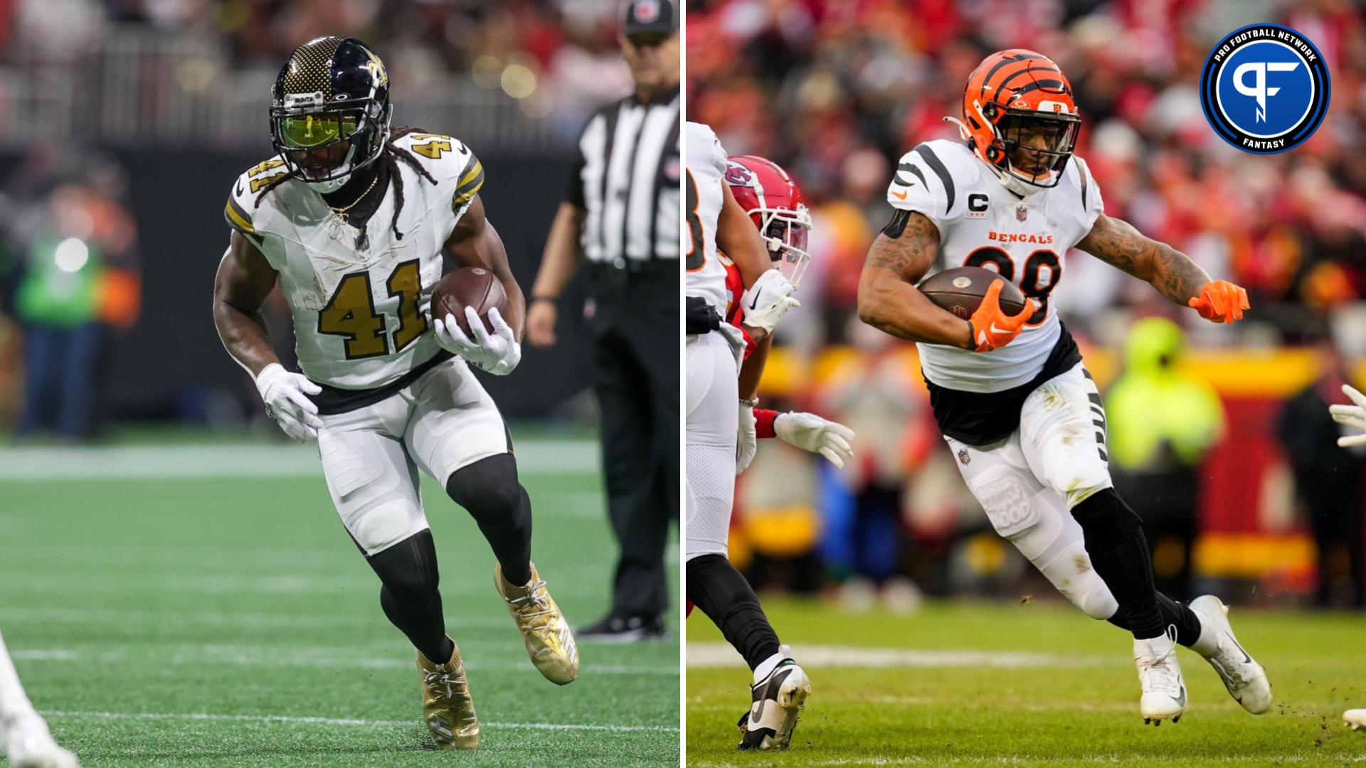 (Left) Nov 26, 2023; Atlanta, Georgia, USA; New Orleans Saints running back Alvin Kamara (41) runs the ball against the Atlanta Falcons in the first quarter at Mercedes-Benz Stadium. Mandatory Credit: Brett Davis-Imagn Images (Right) Dec 31, 2023; Kansas City, Missouri, USA; Cincinnati Bengals running back Joe Mixon (28) runs the ball against the Kansas City Chiefs during the first half at GEHA Field at Arrowhead Stadium. Mandatory Credit: Jay Biggerstaff-Imagn Images