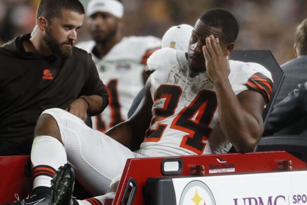 Sep 18, 2023; Pittsburgh, Pennsylvania, USA; Cleveland Browns running back Nick Chubb (24) is taken from the field on a cart after suffering an apparent injury against the Pittsburgh Steelers during the second quarter at Acrisure Stadium. Mandatory Credit: Charles LeClaire-USA TODAY Sports