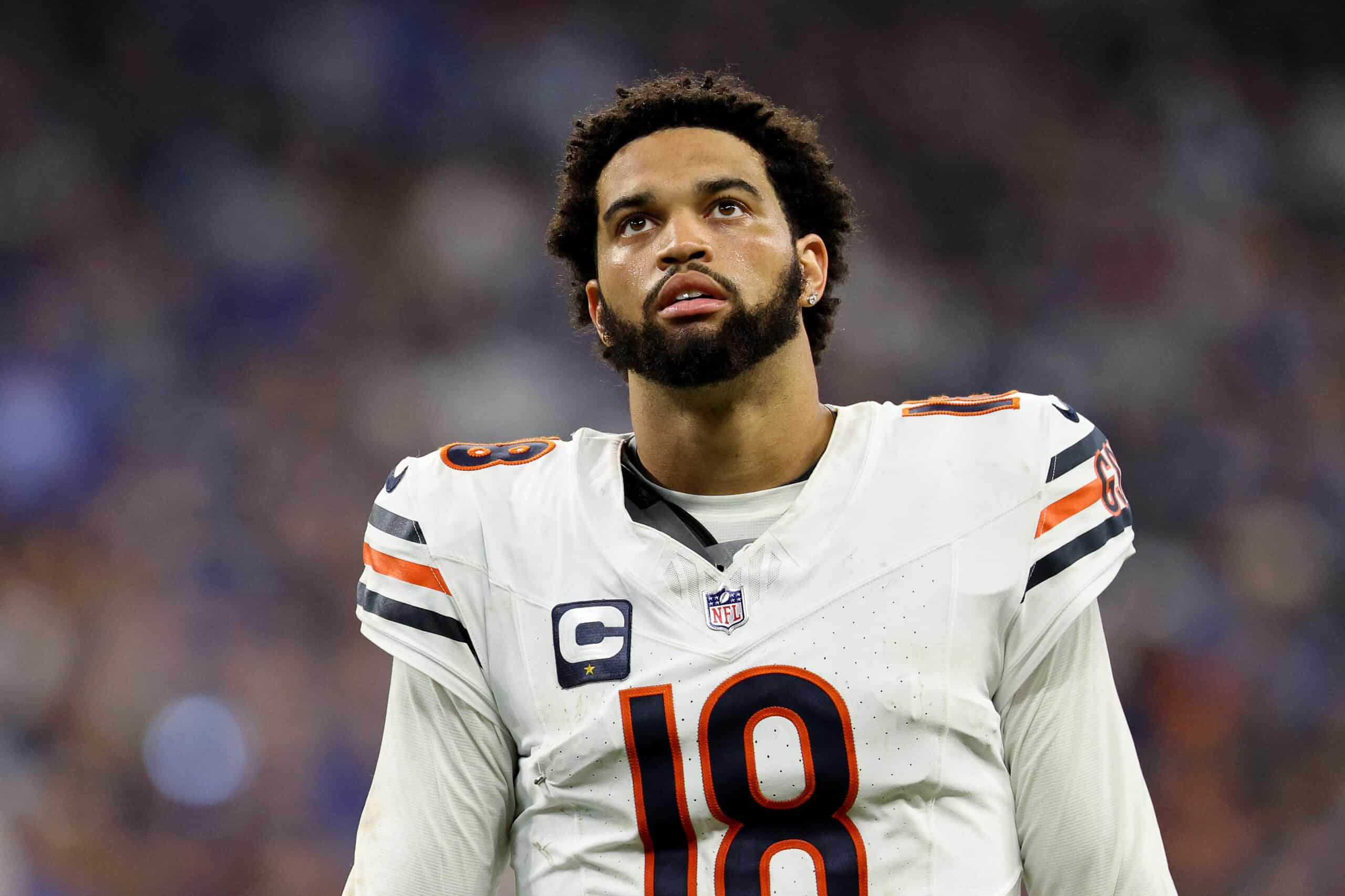 INDIANAPOLIS, INDIANA - SEPTEMBER 22: Quarterback Caleb Williams #18 of the Chicago Bears looks on against the Indianapolis Colts during the second half of the game at Lucas Oil Stadium on September 22, 2024 in Indianapolis, Indiana.