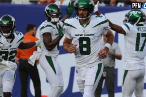 New York Jets QB Aaron Rodgers (8) after throwing a TD pass.
