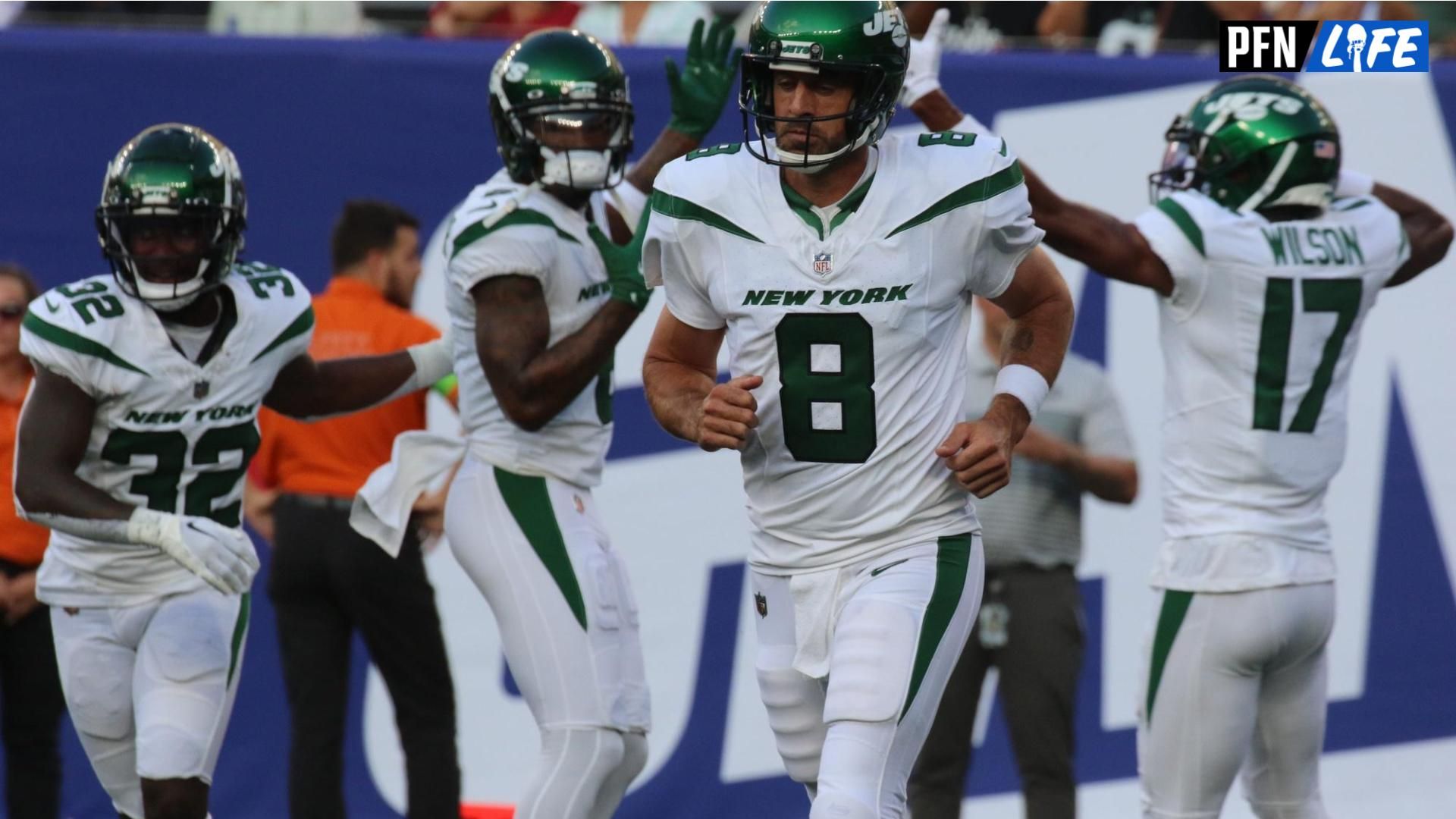 New York Jets QB Aaron Rodgers (8) after throwing a TD pass.
