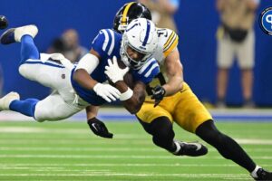 Indianapolis Colts wide receiver Josh Downs (1) dives to get past Pittsburgh Steelers linebacker Payton Wilson (41) during the second half at Lucas Oil Stadium. Should you add him in fantasy?