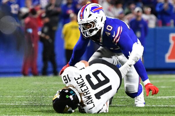 Sep 23, 2024; Orchard Park, New York, USA; Buffalo Bills linebacker Von Miller (40) sacks Jacksonville Jaguars quarterback Trevor Lawrence (16) in the fourth quarter at Highmark Stadium. Mandatory Credit: Mark Konezny-Imagn Images