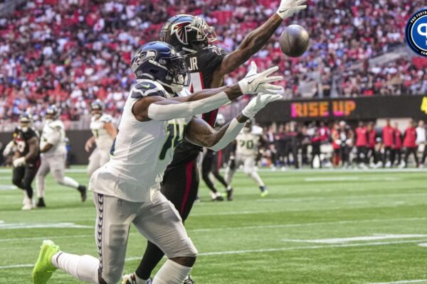 Oct 20, 2024; Atlanta, Georgia, USA; Seattle Seahawks wide receiver DK Metcalf (14) can not make a catch in the end zone defended by Atlanta Falcons cornerback A.J. Terrell (24) during the first quarter at Mercedes-Benz Stadium. Mandatory Credit: Dale Zanine-Imagn Images